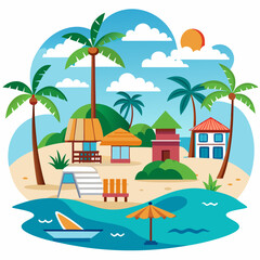 Obraz premium Tropical Beach Scene with Palm Trees, Houses, and a Boat