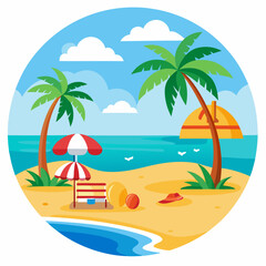 Obraz premium Tropical Beach Scene with Palm Trees, Umbrella, and Beach Toys