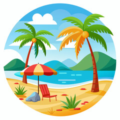 Obraz premium Beach Scene with Palm Trees, Umbrella, and Chair