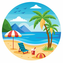 Obraz premium Beach Scene with Palm Trees, Umbrella, and Lounge Chair