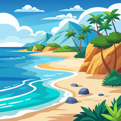 Obraz premium Tropical Beach Scene with Palm Trees and Blue Mountains