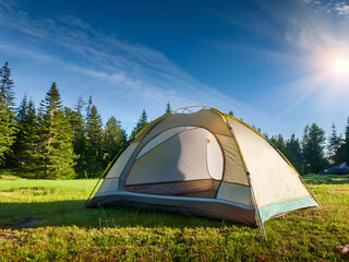 A tent camped in the middle of a forest glade blue sky