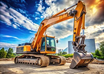 A powerful hydraulic excavator arm extends from a heavy-duty construction machine, its metal limbs and pistons glistening with oil, ready to lift massive weights.