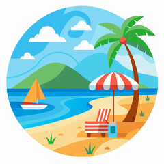 Obraz premium Tropical Beach with Palm Tree, Umbrella, and Lounge Chair