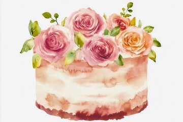 A beautiful watercolor cake adorned with pink and orange roses, perfect for celebrations and artistic designs.