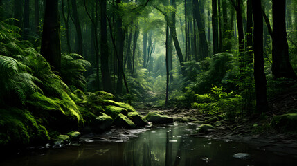 Fototapeta premium Resplendent Green Forest – An Emblem of Tranquillity and Bountiful Nature