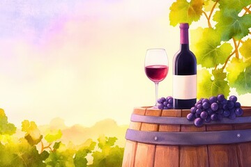 Fototapeta premium A beautiful wine setup featuring a bottle, glass, and grapes on a wooden barrel against a colorful vineyard backdrop.