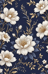 vintage royal navy blue with elegant white and gold flowers pattern