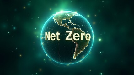 Net Zero Global Vision, A futuristic glowing globe with "Net Zero" inscribed, set against a vibrant green and blue backdrop. Evokes themes of sustainability, climate change solutions.