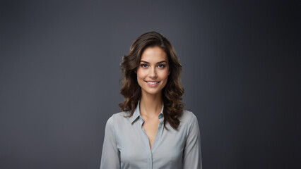 Radiant young American businesswoman with flawless skin and natural beauty. Brunette with neat hair and a warm smile, gazing confidently at camera