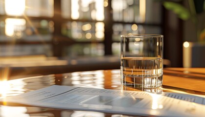 Glass of Water and Documents on Desk with Sunlight