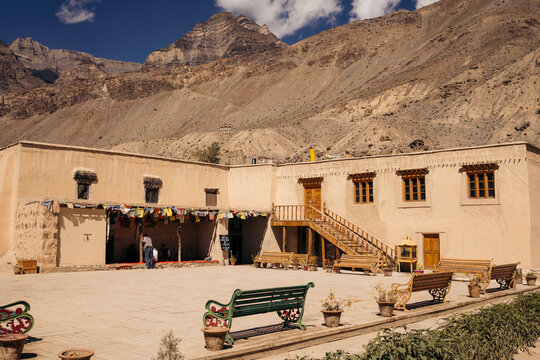 Building with buddhist prayer flags in the Spiti Valley along NH505 in Himachal Pradesh, India; Dhar Kila, Himachal Pradesh, India