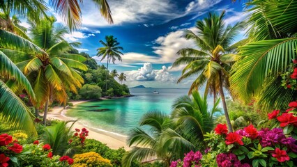 Fototapeta premium Tropical Paradise: Lush greenery, vibrant florals, warm hues, beachy vibes
