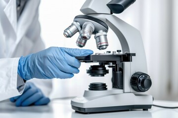 A scientist is holding a microscope and wearing gloves