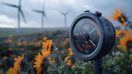 Naklejka premium A clock-like device on a green post among yellow flowers, with wind turbines in the background. Display shows 82°F temperature.