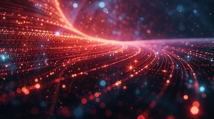 background with red tones, luminous lines and dots creating depth and movement. The patterns are reminiscent of an energetic space, a dynamic landscape. Energy and vitality are conveyed.