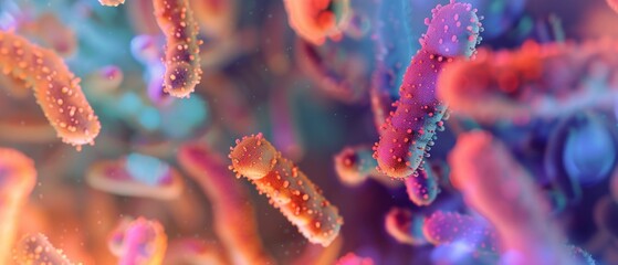 Colorful, lively representation of bacterial colonies on a purple background, resembling a microscopic view, visually engaging and dynamic.