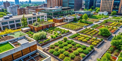 Urban Agriculture Oasis: Rooftop gardens in dense urban areas, modern, vibrant, green