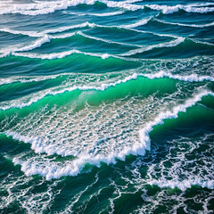 Fototapeta premium Aerial view beautiful of sea waves from drone. Stock image of blue color of ocean water, sea surface, sunset. Top view on turquoise waves, clear water surface texture.