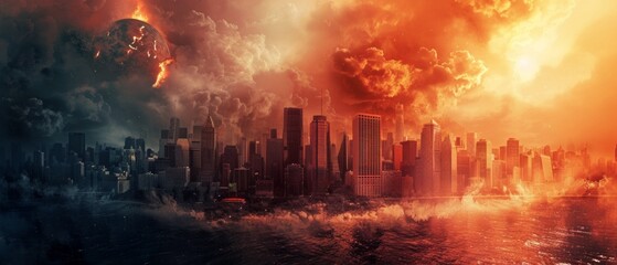 A city by the sea faces a catastrophic event with waves crashing and buildings in ruins. Smoke fills the air as a planet looms overhead, depicting an intense disaster scene.