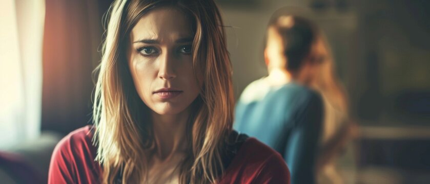 A tense scene of two people indoors: a woman with blonde hair conveys concern or anger towards a blurred figure. The setting suggests disharmony and possible conflict.