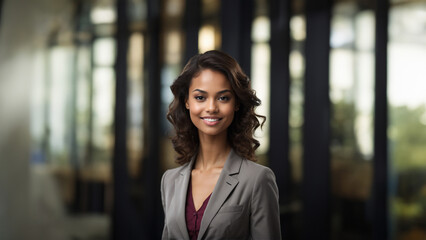 Young Black American businesswoman exuding confidence and natural beauty. Brunette hair and flawless skin complement her warm smile