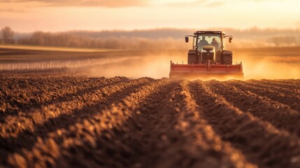 Tractor plowing a field, preparing the soil for planting in early spring