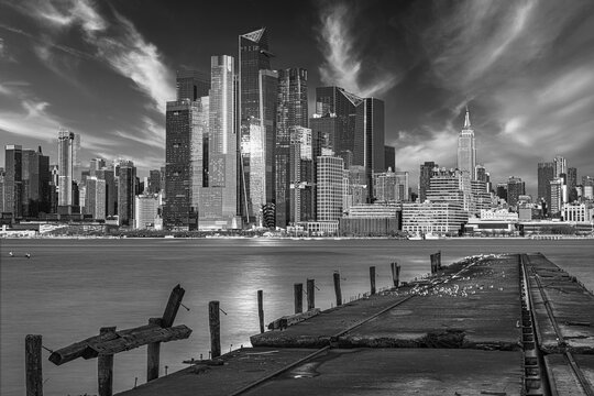 Black and white image of the Midtown Manhattan skyline viewed from the Weehawken shipyard, New Jersey, USA; Weehawken, New Jersey, United States of America