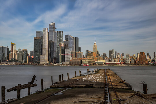 Midtown Manhattan skyline viewed from the Weehawken shipyard, New Jersey, USA; Weehawken, New Jersey, United States of America