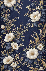 vintage royal navy blue with elegant white and gold flowers pattern