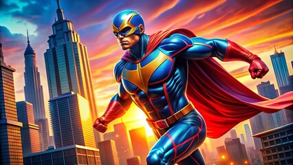 Vibrant Superhero Adventure: Bold primary colors, dynamic poses, futuristic cityscape