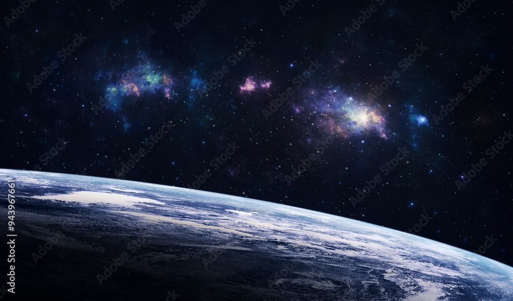 Wall mural space background. planet with colorful fractal nebula and starfield. elements furnished by nasa. 3d 