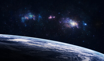 Naklejka premium Space background. Planet with colorful fractal nebula and starfield. Elements furnished by NASA. 3D rendering