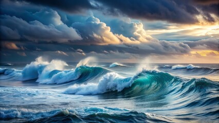 Waves of Serenity: Monochromatic ocean waves, muted blue and gray hues, calming, contemplative