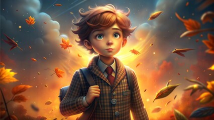 Thoughtful Young Boy in Autumn Scene with Falling Leaves

