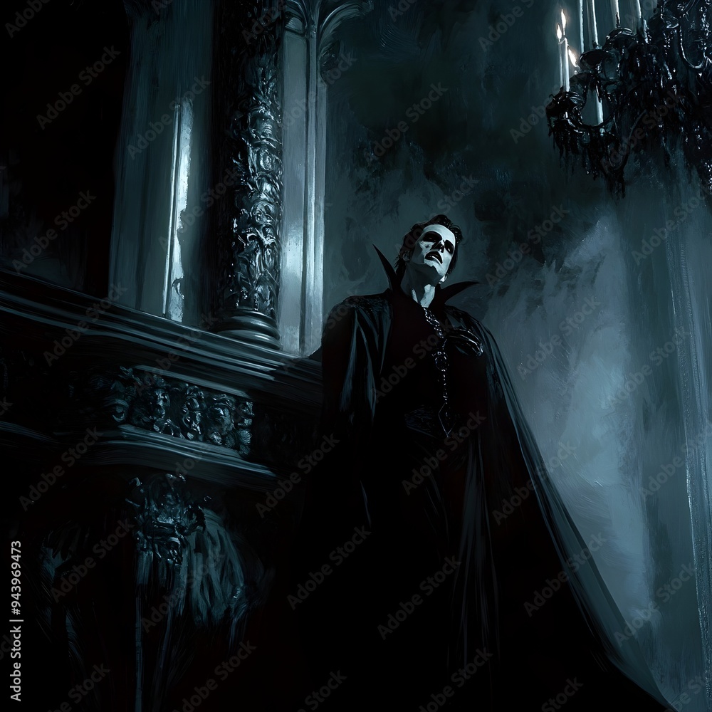 Poster portrait of a regal pale skinned vampire with sharp fangs and piercing red eyes shrouded in a billow
