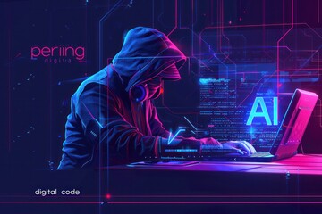 Obraz premium A man is typing on a laptop with the words 