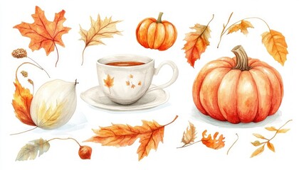 Set of Watercolor Illustrations with Autumn Leaves, Pumpkins, and Cozy Objects