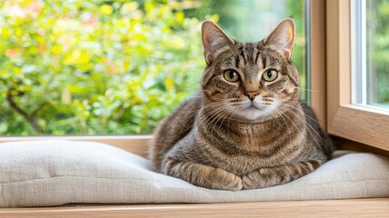 A cat sitting in a window seat, with soft cushions and a view of the garden, illustrating the serene life of a house cat, cat in window seat, cozy view, peaceful home