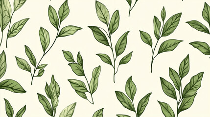 Ręcznie rysowany wzór roślinny ukazuje zielone liście w stylu vintage.