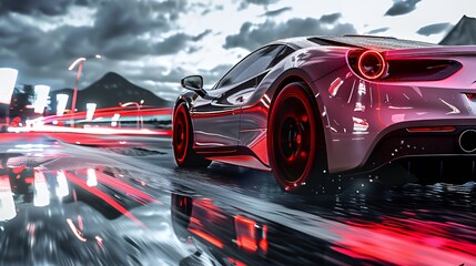 A sleek sports car speeding through a reflective urban landscape at night.