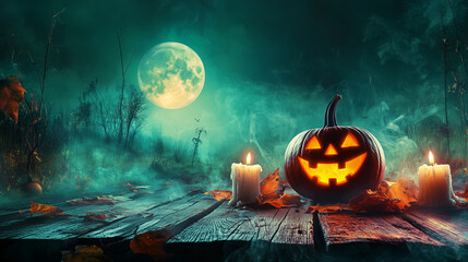 Naklejka premium Ciemny, mroczny las z pełnym, świecącym księżycem stanowi tło dla drewnianego stołu, na którym znajdują się dynie-jack-o'-lanterns z płonącymi świeczkami.