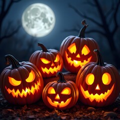 Spooky JackoLanterns Illuminated by a Full Moon, Halloween background