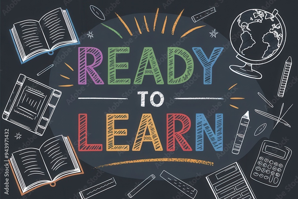 Poster a dynamic blackboard design with the phrase ready to learn in large, bold letters. surrounding the t