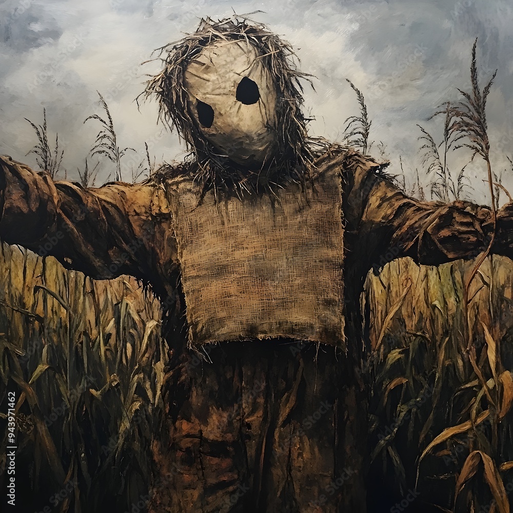Poster terrifying halloween scarecrow stands twisted and gnarled in a shadowy cornfield at dusk its empty b