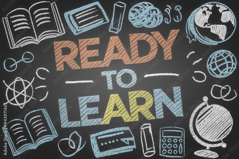 Fototapete a dynamic blackboard design with the phrase ready to learn written in large chalk letters. surroundi
