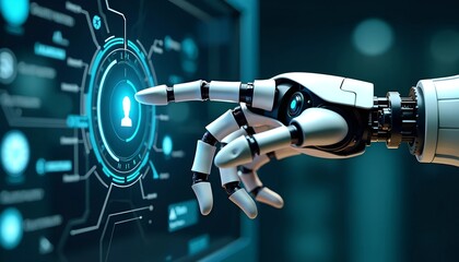 Robot Mechanical Arm Activating Virtual Holographic Interface - Futuristic AI Concept Design