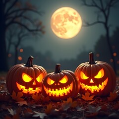 Spooky JackoLanterns Illuminated by a Full Moon, Halloween background