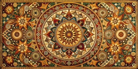 Zenith of Prosperity: Opulent, geometric, earthy tones, celestial bodies, intricate patterns.