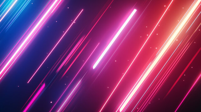 Ciemne tło jest ożywione przez neonowe, futurystyczne błyski i świetlne linie, kt&oacute;re tworzą efekt ruchu i pulsacji. 